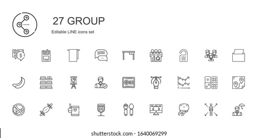 group icons set. Collection of group with frog, vector, cutlery, route, candy, tissues, no smoking, line chart, safebox, employee, presentation. Editable and scalable group icons.