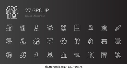 group icons set. Collection of group with network, chat, bar chart, teamwork, strategy, cherry, no smoking, chestnut, cutlery, candy, puzzle. Editable and scalable group icons.