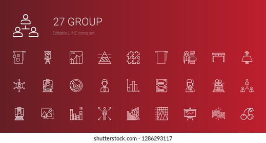 group icons set. Collection of group with presentation, pyramid chart, bar chart, network, image, train, employee, chat, businessman, no smoking. Editable and scalable group icons.