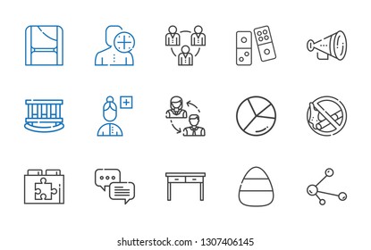 group icons set. Collection of group with share, candy, table, chat, web plugin, no smoking, chart, employees, add user, cradle, protest, domino. Editable and scalable group icons.