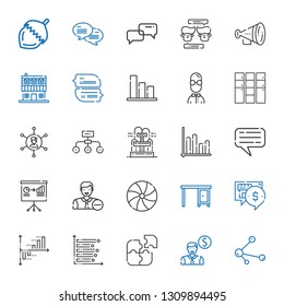 group icons set. Collection of group with share, employee, puzzle, bar chart, chat, table, candy, presentation, fountain, hierarchical structure. Editable and scalable group icons.