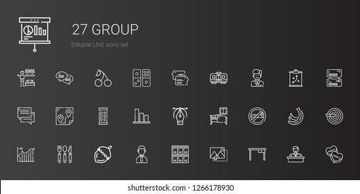 group icons set. Collection of group with table, image, lockers, businessman, nut, cutlery, line chart, no smoke, sleep, vector, bar chart. Editable and scalable group icons.