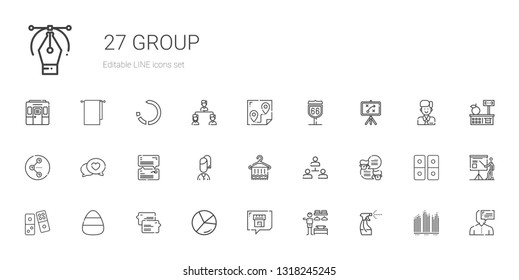 group icons set. Collection of group with tools and utensils, dressing room, chat, chart, candy, domino, hierarchical structure, towel, user. Editable and scalable group icons.