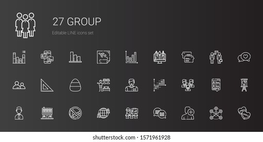 group icons set. Collection of group with user, chat, presentation, network, no smoking, farm house, businessman, team, bar chart, man, dressing room. Editable and scalable group icons.
