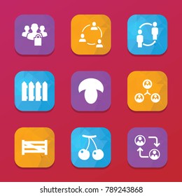 Group icons. vector collection filled group icons set.. includes symbols such as cherry, mushroom, fence, structure, communication. use for web, mobile and ui design.