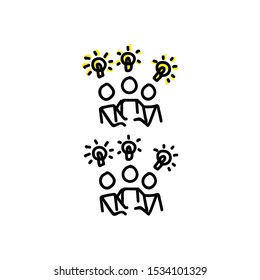 Group idea stick figure vector business illustration. Hand drawn flat color stick figures light bulb clipart. 