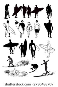 Ilustración de grupo con surfistas en diferentes posiciones.
