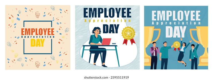 A group of illustrations depicting Employee Appreciation Day with a fun workplace theme of recognition, appreciation and celebration. Set flat vector illustration.