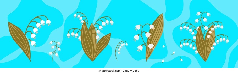 a group image of delicate lilies of the valley on a blue background.