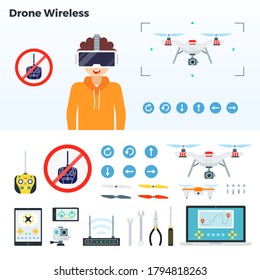 Group of images wireless drone control vector illustration in flat design