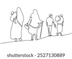 Group of immigrant people walking together in one continuous line drawing. Minimalist design for social gatherings and refugee community themes. Hand-drawn illustration for unity.