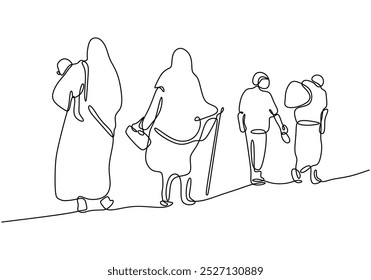 Group of immigrant people walking together in one continuous line drawing. Minimalist design for social gatherings and refugee community themes. Hand-drawn illustration for unity.