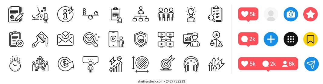 Group, Inclusion and Presentation line icons pack. Social media icons. Dollar exchange, Brush, Headphones web icon. Approved report, Video conference, Discrimination pictogram. Vector