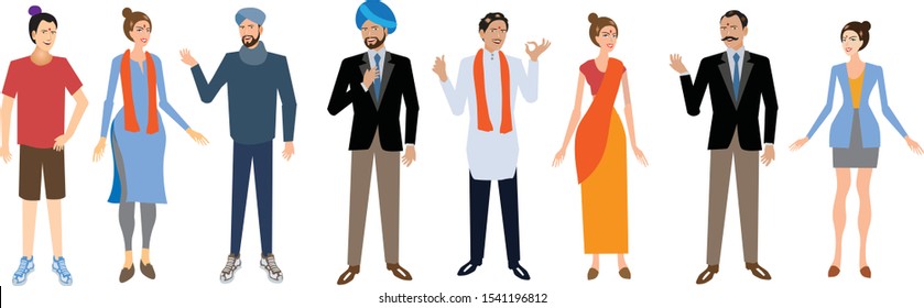 Group of Indian People Set Standing Front View - Vector