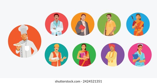 Gruppe von indischen Arbeitern. Gruppe von verschiedenen Fachleuten. Männer und Frauen Avatar-Symbole. Vektor-Illustration von flachen Design Menschen Zeichen.