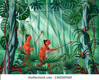 A group of Indians on the hunt in the rainforest. Handmade drawing vector illustration.