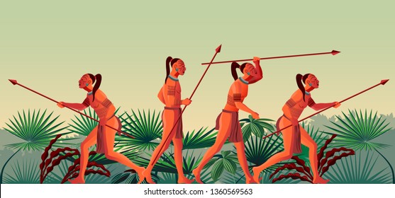 A group of Indians on the hunt in the rainforest. Handmade drawing vector illustration.