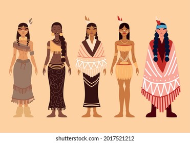 group indigenous female in traditional costume