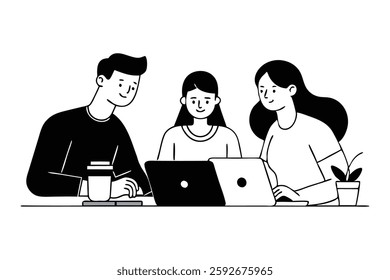 Group of individuals collaborates around a table, each using their laptops for a productive discussion Hand drawn black doodle line art flat vector illustration on white background
