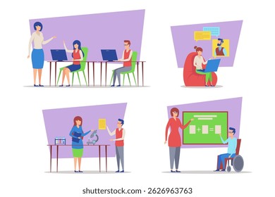 Group of individuals engaged in various educational tasks, collaborating at computers, presenting ideas, and exploring innovative projects. Interactive learning, skills and teamwork concept