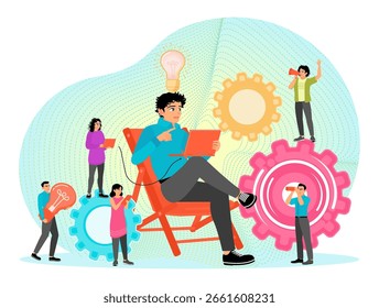 Um grupo de indivíduos que se envolvem em trabalho em equipe, compartilham ideias e inovam colaborativamente. Simbolize a criatividade e a produtividade em um ambiente orientado para o trabalho. Conceito comercial.