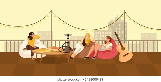 A group of individuals are enjoying leisure on bean bag chairs, sitting on a rooftop taking in the entertainment of a musical instrument event. Vector illustration