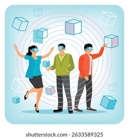 A group of individuals experiencing and engaging with virtual reality technology wearing VR headsets. The image depicts interaction in a lively virtual environment. Augmented reality concept.