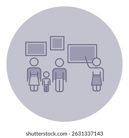 Group of individuals gathering in learning environment, sharing knowledge with child while pointing at visual aids displayed on wall. Engagement and interaction concept