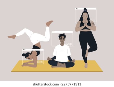 a group of individuals participating in a yoga vinyasa online workshop, the diverse participants are positioned on a yoga mat, a workout designed to improve strength, balance, and flexibility