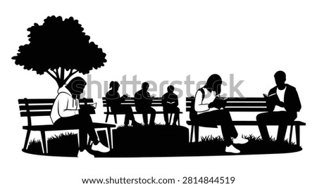 Group of individuals reading books on benches in park area, quiet study, leisure time, peaceful atmosphere, education, outdoors.