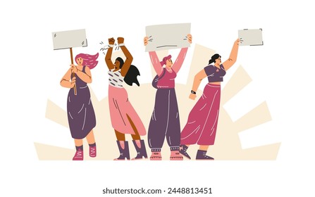 Group of individuals united in a demonstration, holding signs. Vector illustration showcases diversity and solidarity in a modern, engaging style for awareness campaigns.
