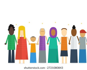 A group of individuals from various backgrounds stand in a line holding hands. They show diversity in clothing and appearance. The setting suggests a gathering for friendship and solidarity.