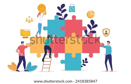 Group of individuals working together to assemble a jigsaw puzzle, symbolizing teamwork and collaboration