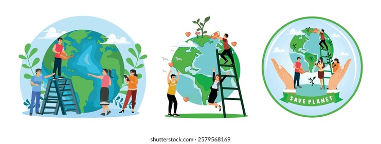 Group of individuals working together to protect and nurture the Earth. Signifying teamwork towards ecological and conservation efforts to promote sustainability and a green future. Earth Day concept.