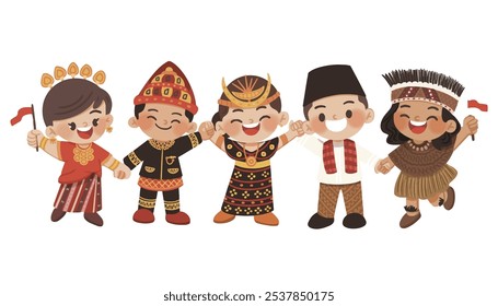 A group of indonesian children are holding hands and smiling with various traditional clothes