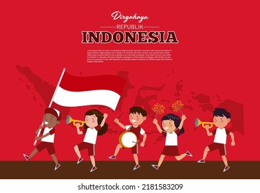 A group of Indonesian kids are playing music and one of them is holding Indonesian flag with the background of the Indonesian archipelago to commemorate Indonesia's independence day.