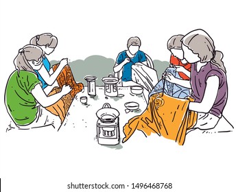 group of Indonesian women having batik painting together traditional life line art drawing and sketch