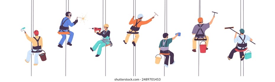 Group of industrial alpinists works at height. Workers with safety ropes clean window. Professional climbers with equipment, tools hanging on harness. Flat vector illustrations isolated on white