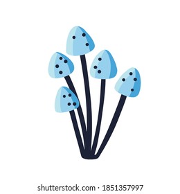 Group Of Inedible Psychedelic Blue Mushrooms Isolated On White Background. Fantasy Poisonous Fungi. Flat Vector Cartoon Illustration With Grebe Mushroom