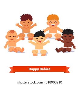 Group of infants. Five mixed race baby boy toddlers having fun together sitting on the floor. Flat style vector illustration isolated on white background.