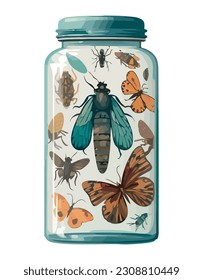 group of insects in jar isolated