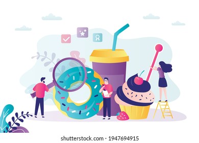 Group of inspectors check quality of different confectionery. Food control concept. People doing quality control of cupcake and donut. Man uses magnifying glass to inspect. Flat vector illustration