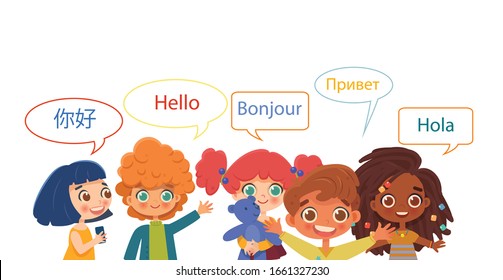 Group Of Intercultural Children. Hello In Different Languages.  Diverse Cultures, International Communication Concept, Club Of Foreign Languages, Language Learning Camp.