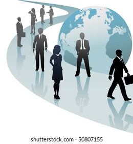 Group of international business people walk a future world path of progress.