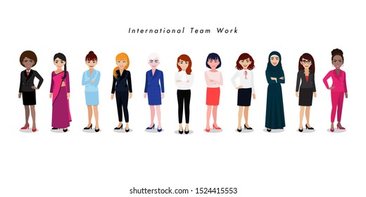 Group of International businesswomen on white background. Set of business people standing together. Different nationalities and dress styles. Cartoon character or flat design vector