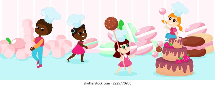 Group of international children near huge cake sweets, macaroons and marshmallows, candy pop. Humorous illustration of children's love for sweets.