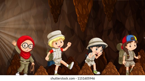 A group of international kids exploring the cave illustration