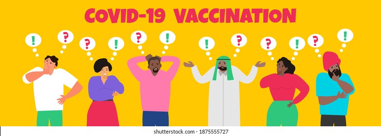 group of international multicultural doubt people making decision thinking about covid 19 vaccination vector illustration