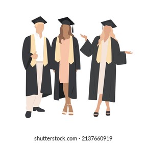 A group of international students in academic gowns, gowns and academic caps. High school graduation. Silhouettes. Flat vector illustration isolated on white background