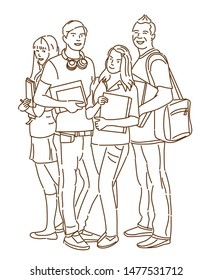 Group international students with beaming smiles are posing. Coloring book